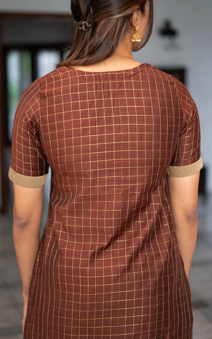 Brown with Dark Beige Checked Straight Salwar set